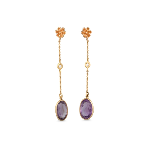 192 - A PAIR OF AMETHYST DROP EARRINGS, the oval amethysts suspended from 18ct chain drops