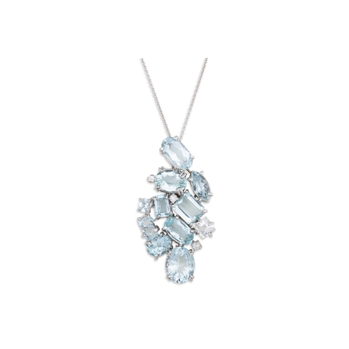 193 - AN AQUAMARINE NECKLACE, comprising a cluster of various cut gems, in 18ct white gold, on a chain. Es... 