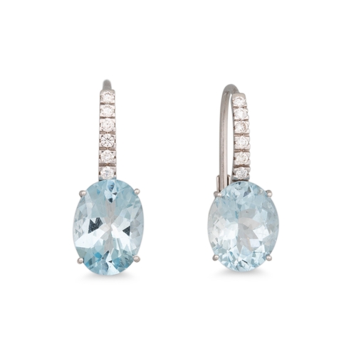 194 - A PAIR OF AQUAMARINE AND DIAMOND EARRINGS, the oval aquamarines to brilliant cut diamond half hoop f... 