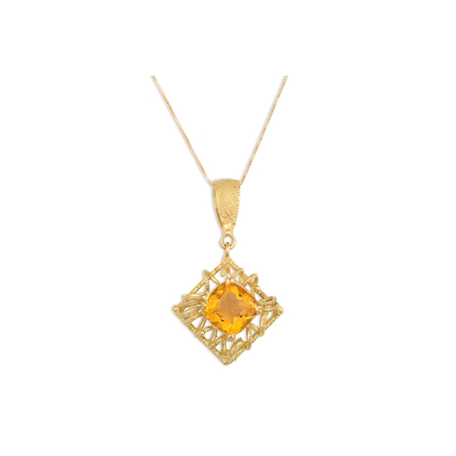 198 - A CITRINE PENDANT, to an 18ct yellow gold wire work mount, on an 18ct gold chain