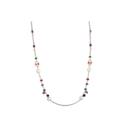 200 - A PEARL, RUBY, SAPPHIRE AND EMERALD NECKLACE, faceted beads and gems on a white and yellow gold chai... 