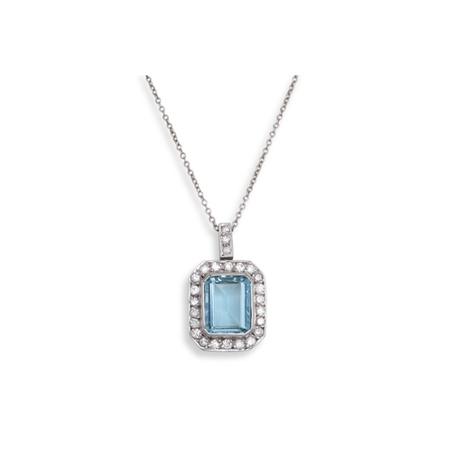 207 - AN AQUAMARINE AND DIAMOND CLUSTER PENDANT, mounted in platinum, to diamond set bail. Estimated: weig... 