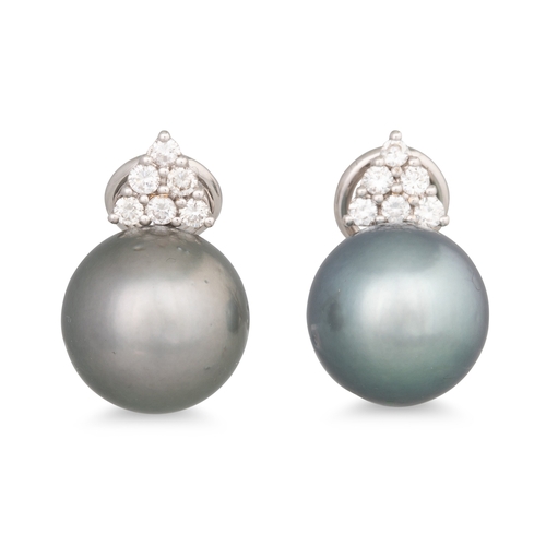 216 - A PAIR OF TAHITIAN PEARL AND DIAMOND EARRINGS, each pearl surmounted by a triangular plaque of diamo... 