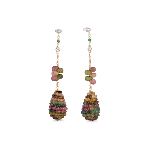 218 - A PAIR OF WATERMELON TOURMALINE DROP EARRINGS, gold fittings