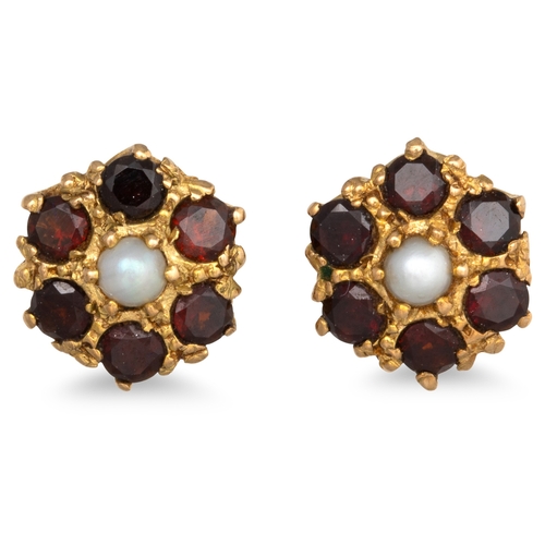 22 - A PAIR OF PEARL AND GARNET CLUSTER EARRINGS, the centre pearl to garnet surround, mounted in 9ct yel... 