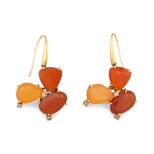 220 - A PAIR OF CARNELIAN DROP CLUSTER EARRINGS, mounted in 18ct yellow gold