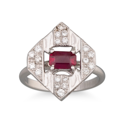 221 - A RUBY AND DIAMOND PLAQUE RING, mounted in 18ct white gold. Estimated: weight of ruby: 0.80 ct, diam... 