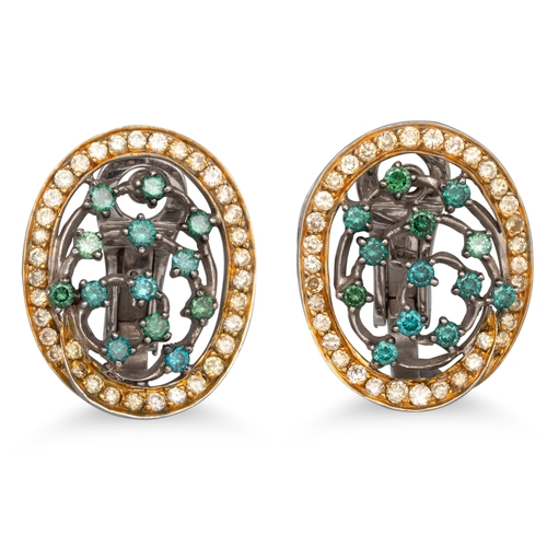 223 - A PAIR OF DIAMOND CLUSTER EARRINGS, set with white and green diamonds, in 18ct white and yellow gold... 