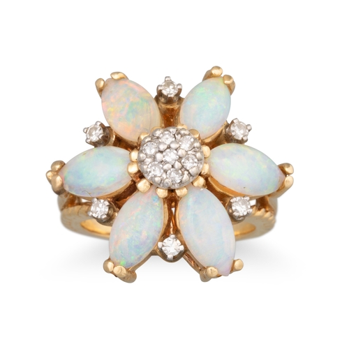 226 - AN OPAL AND DIAMOND CLUSTER RING, of floral design, mounted in 18ct yellow gold, size O

... 