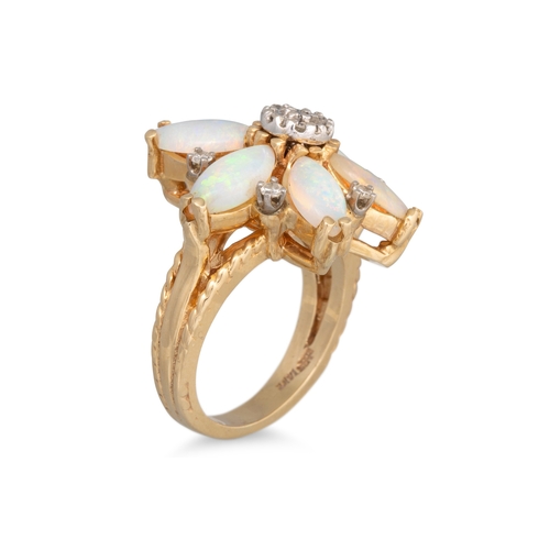 226 - AN OPAL AND DIAMOND CLUSTER RING, of floral design, mounted in 18ct yellow gold, size O

... 