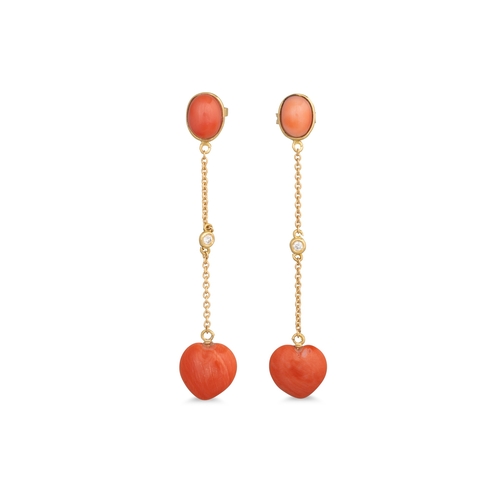 238 - A PAIR OF CORAL DROP EARRINGS, heart shaped drops suspended from cabochon studs in yellow gold