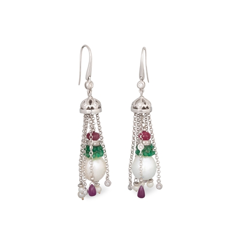 240 - A PAIR OF PEARL, DIAMOND, RUBY AND EMERALD DROP EARRINGS, mounted in white gold