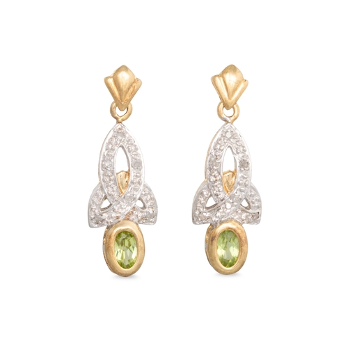 26 - A PAIR OF PERIDOT DROP EARRINGS, set with diamonds, mounted in 9ct yellow gold