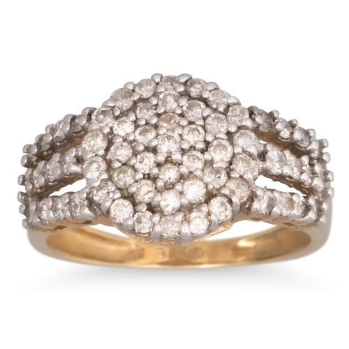 27 - A DIAMOND CLUSTER RING, the central round cluster of diamonds with diamond set split shoulders, moun... 