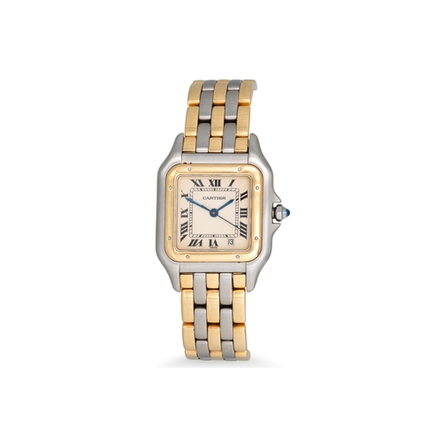 332 - A LADY'S STAINLESS STEEL CARTIER PANTHERE STAINLESS STEEL WRISTWATCH, cream face date with Roman num... 