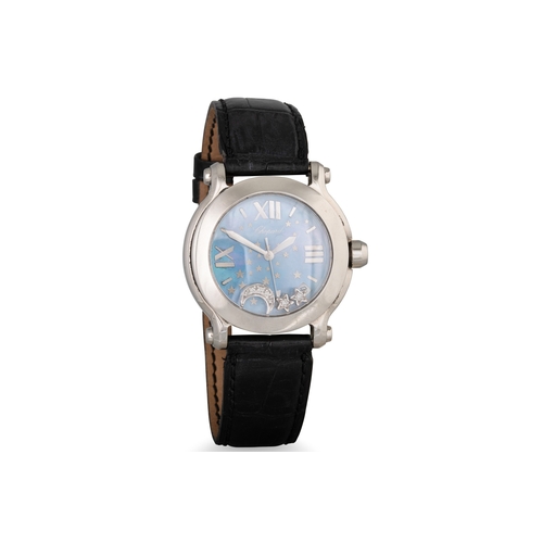 333 - A LADY'S STAINLESS STEEL CHOPARD 'HAPPY SPORT' WRISTWATCH, blue mother-of-pearl face, Roman numerals... 