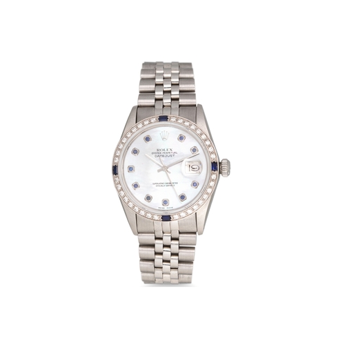 335 - A GENT'S STAINLESS STEEL ROLEX OYSTER PERPETUAL DATE JUST WRISTWATCH, mother-of-pearl dial, diamond ... 