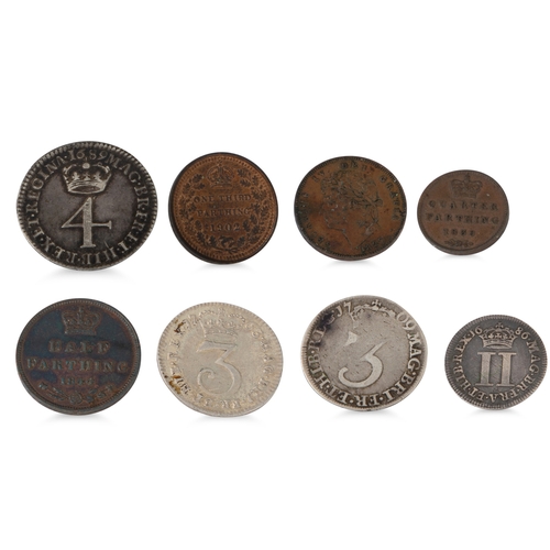 337 - 4 X MAUNDY English Coins; 4d 1689 VF, 3d 1709 NF, 3d 1763 VF, 2d 1686 GF, 4 x fraction 1/4d 1839 -19... 