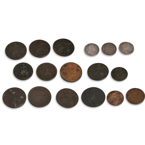 339 - 17 x ENGLISH COINS; 3 x 6d 1696-97, 9 x 1/2d 1698-1807, 4 x 1/4 1633-1734 F - VF, plus 1873 1/4 &190... 