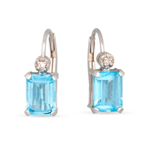 34 - A PAIR OF BLUE TOPAZ EARRINGS, mounted in 14ct white gold