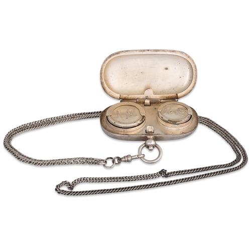 340 - A VINTAGE PRE-WAR SILVER PLATED SOVEREIGN CASE, on a silver herringbone chain