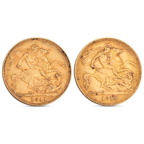 351 - A PAIR OF 1911 GEORGE V GOLD ENGLISH COINS; a full and a half sovereign, 22 ct, Total weight 12 g. G... 