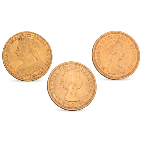 360 - THREE FULL GOLD SOVEREIGNS, QEII & Victoria, 1901 EF, 1962 & 1978 UNC English coins, 22 ct, 24 g