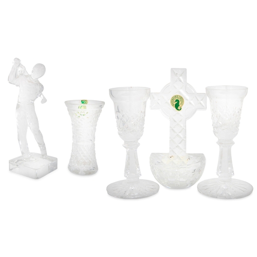 375 - A WATERFORD CRYSTAL WATER FONT, together with a vase and a Tipperary golfer figure in glass