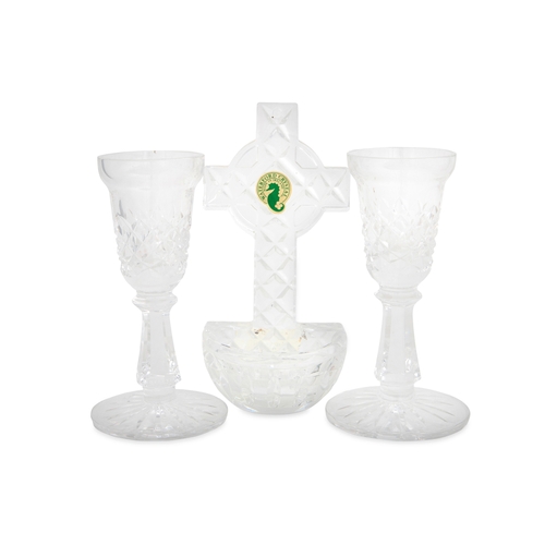 375 - A WATERFORD CRYSTAL WATER FONT, together with a vase and a Tipperary golfer figure in glass