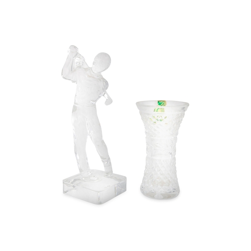 375 - A WATERFORD CRYSTAL WATER FONT, together with a vase and a Tipperary golfer figure in glass