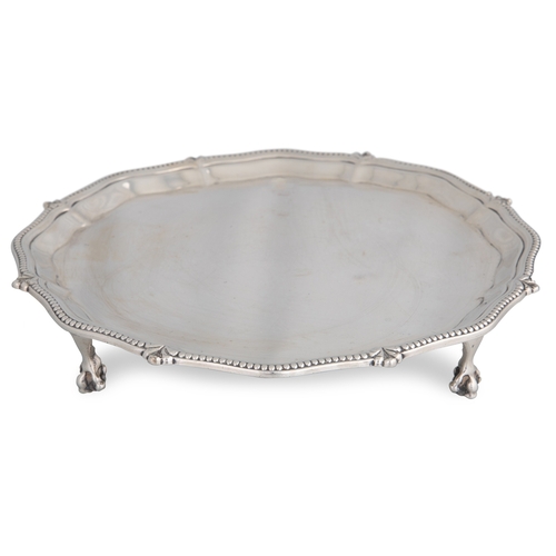 401 - A LATE VICTORIAN SILVER SHAPED CIRCULAR WAITER (OR CARD TRAY), pie crust border with continuous bead... 