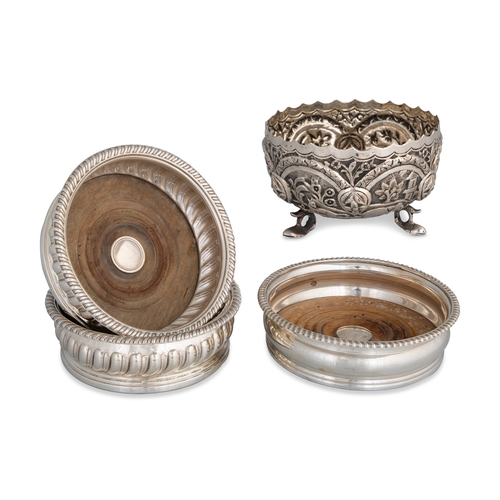 404 - A PAIR OF ANTIQUE SILVER PLATED WINE COASTERS, with gadrooned sides, and a modern silver plated wine... 