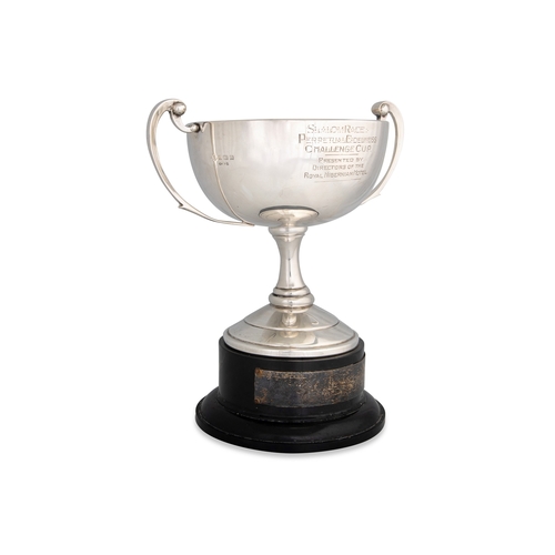 405 - AN IMPRESSIVE SILVER TWIN HANDLED TROPHY CUP, Birmingham 1928, engraved 'Slalom race perpetual Edelw... 