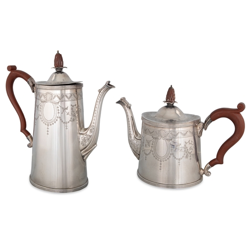 409 - A MODERN IRISH SILVER FOUR PIECE COFFEE/TEA SERVICE, with Neo-classical chaised and engraved decorat... 