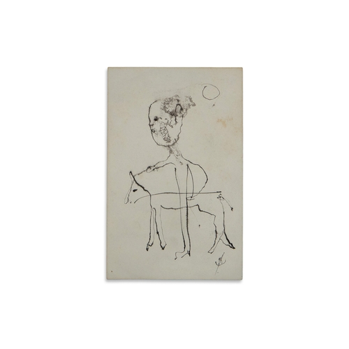 416 - JOHN KINGERLEE (IRISH, B.1926), Sketch on paper in pen of a man and a horse, signed bottom right wit... 