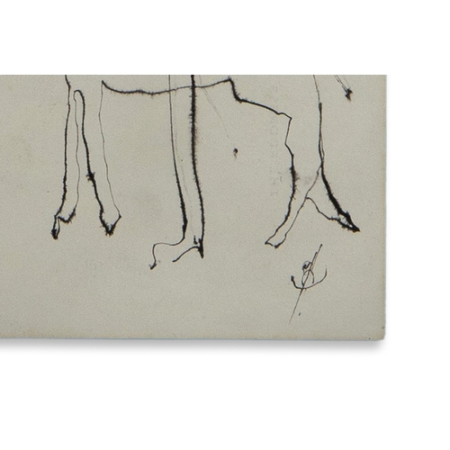 416 - JOHN KINGERLEE (IRISH, B.1926), Sketch on paper in pen of a man and a horse, signed bottom right wit... 