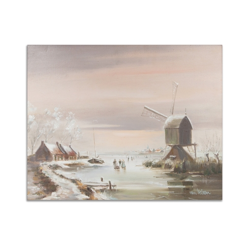 423 - VAL BELSEN, 20TH Century Dutch continental, oil on board, snowy village scene, signed bottom right, ... 