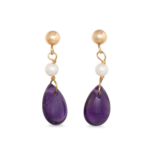 51 - A PAIR AMETHYST AND PEARL DROP EARRINGS, mounted in 9ct gold