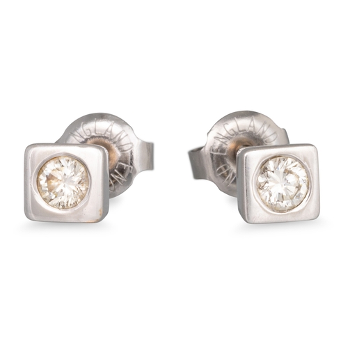 59 - A PAIR OF DIAMOND STUD EARRINGS, mounted in square white gold setting. Estimated: weight of diamonds... 