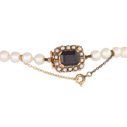 6 - A SET OF VINTAGE CULTURED PEARLS, to a 9ct gold garnet and seed pearl clasp