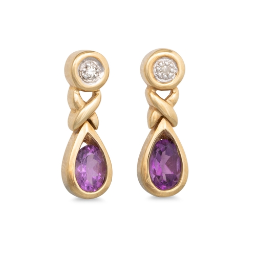 61 - A PAIR OF DIAMOND AND AMETHYST EARRINGS, the pear shaped amethyst to diamond detail, mounted in yell... 