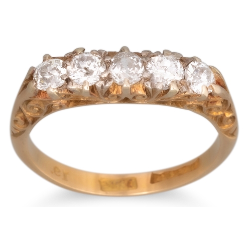 65 - AN ANTIQUE FIVE STONE DIAMOND RING, the old cut diamonds mounted in 18ct yellow gold, size N-O. Esti... 