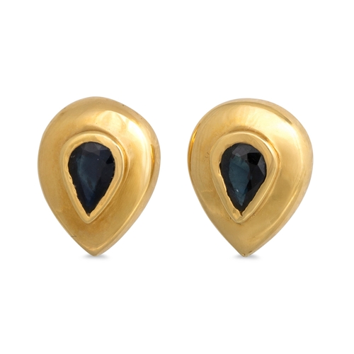 7 - A PAIR OF SAPPHIRE EARRINGS, the pear shaped sapphires mounted in 18ct yellow gold