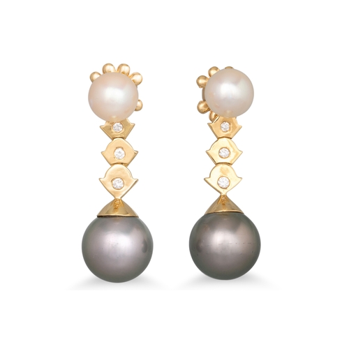 73 - A PAIR OF PEARL DROP EARRINGS, set with white pearls suspending diamond and Tahitian pearl drops, in... 