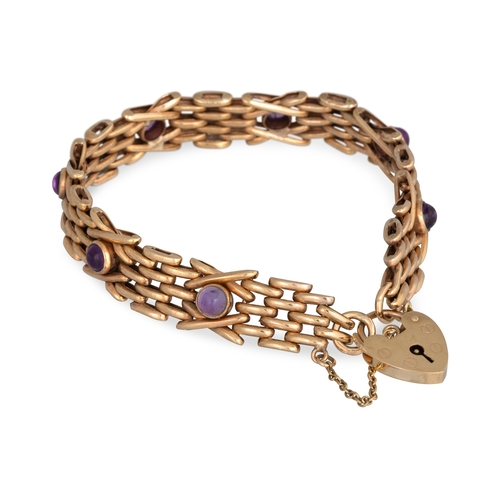 82 - AN AMETHYST SET GATE BRACELET, in 9ct yellow gold, padlock & safety chain, 20.8 g