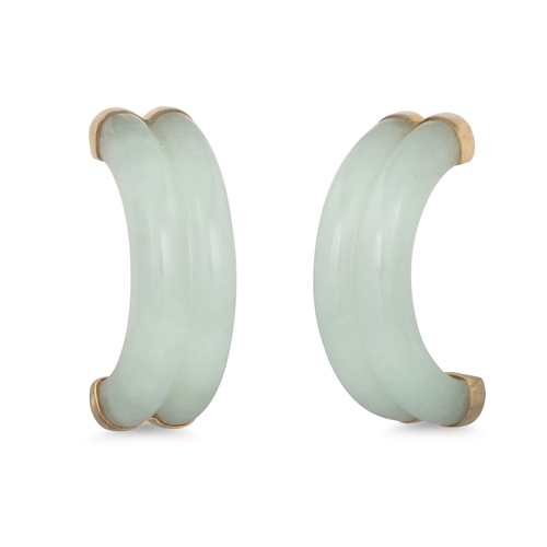 84 - A PAIR OF JADE HALF HOOP EARRINGS, mounted in yellow gold