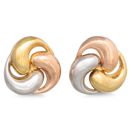 9 - A PAIR OF 9CT TRI COLOUR GOLD EARRINGS, of knot design