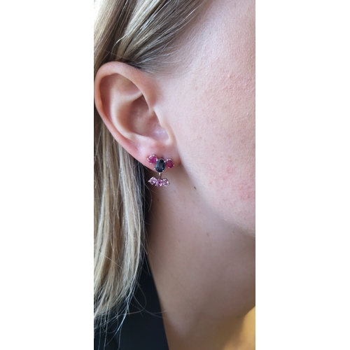 190 - A PAIR OF RUBY AND SAPPHIRE EARRINGS, of cluster form, removable drop, mounted in 18ct white gold. E... 