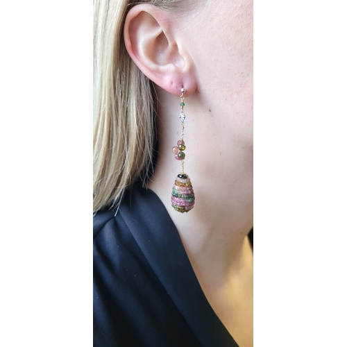 218 - A PAIR OF WATERMELON TOURMALINE DROP EARRINGS, gold fittings