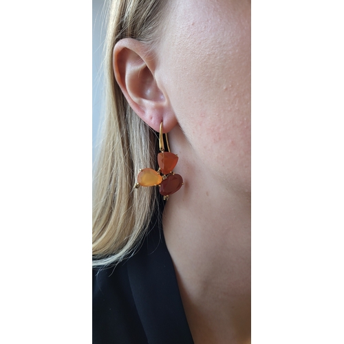 220 - A PAIR OF CARNELIAN DROP CLUSTER EARRINGS, mounted in 18ct yellow gold